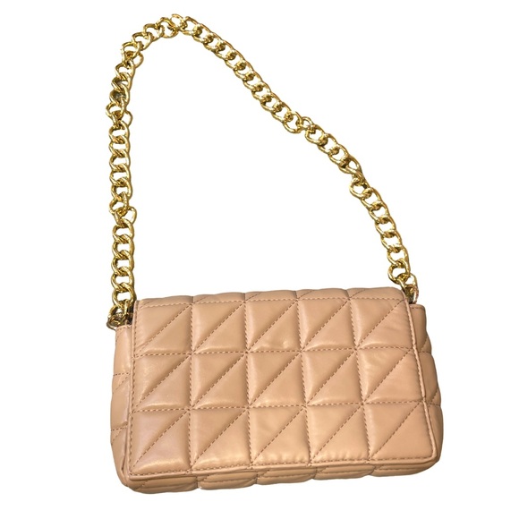 Handbags - Quilted Nude Faux Leather Shoulder Bag | Chunky Gold Chain Strap
